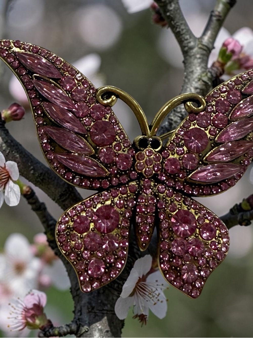 Gold-Tone Pink Crystal Butterfly Brooch